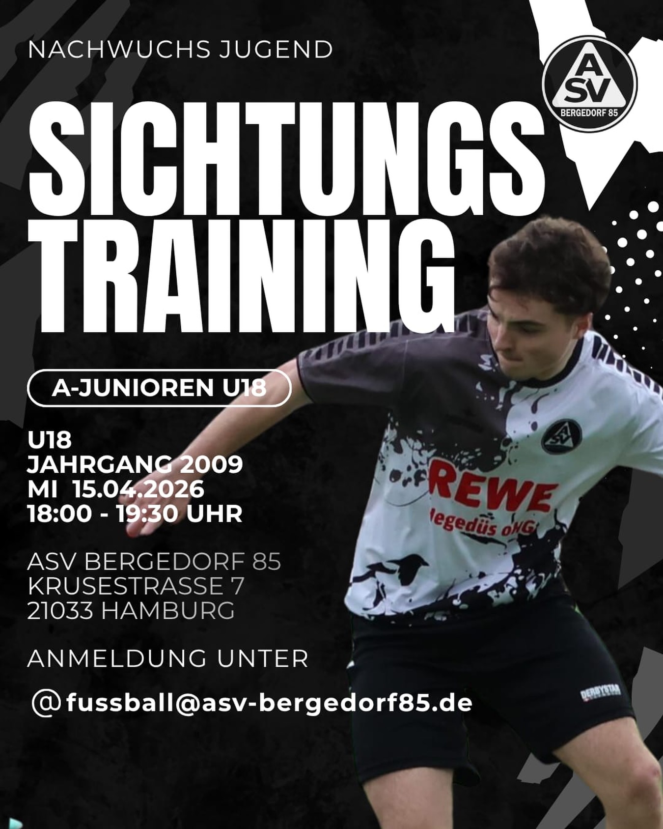 SICHTUNGSTRAINING
Du hast Bock auf Fußball, Gemeinschaft, Leidenschaft und eine geilen Verein? Dann bist du hier genau richtig!💪🏼💥 Komm zum Sichtungstraining, zeig was du drauf hast und werde Teil einer geilen Truppe!🤩
Wir freuen uns auf dich!🖤🤍

#fußball #training #bergedorf #asv #team