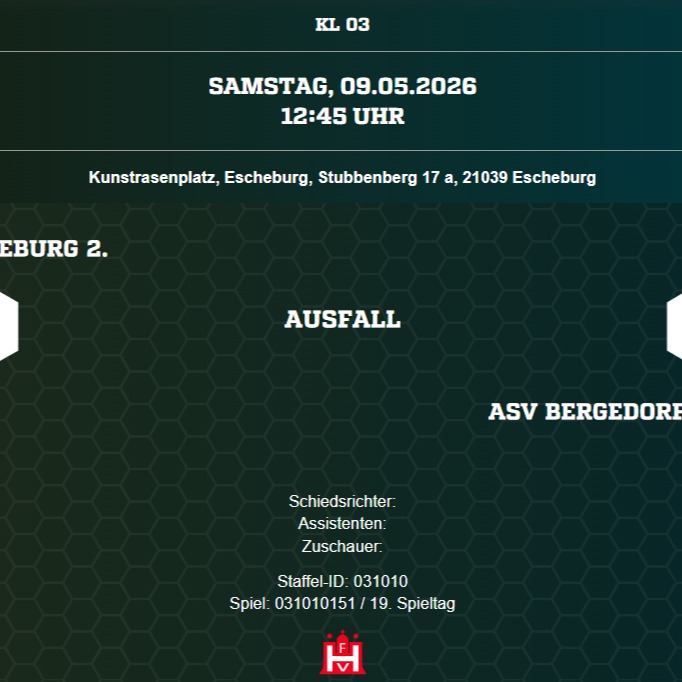 Ausfall in Escheburg
Das Spiel unserer 1. Herren am 09.05.26 wurde von den Gastgebern abgesagt, da sie krankheitsbedingt viele Ausfälle haben. Die Partie wird vermutlich zu einem späteren Zeitpunkt neu angesetzt