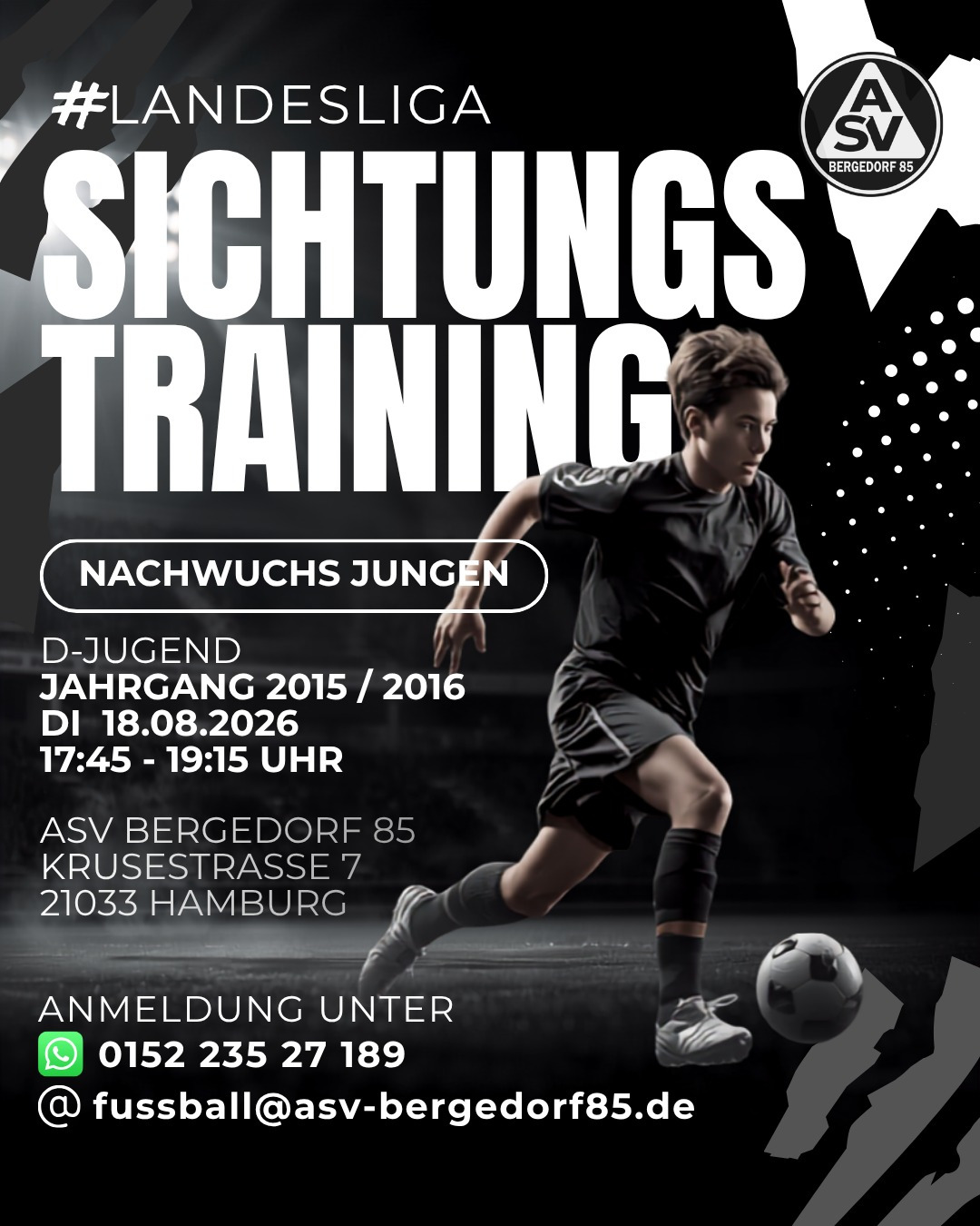 Sichtungstraining D-Junioren
Wir laden interessierte Jugendliche des Jahrganges 2015 oder 2016 zu einem Sichtungstraining für unsere neue D-Juniorenmannschaft ein, die in der Landesliga an den Start gehen wird.
#asvbergedorf85 #bergedorf #lohbrügge #elstern #jungelstern #fussball #jugendfußball #landesliga #djunioren